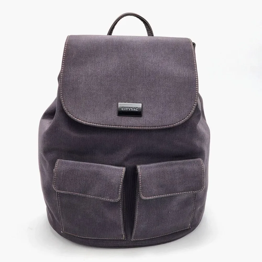 CitySac City Sac Two Pocket Nylon Travel Flap Backpack Knapsack Dark Gray